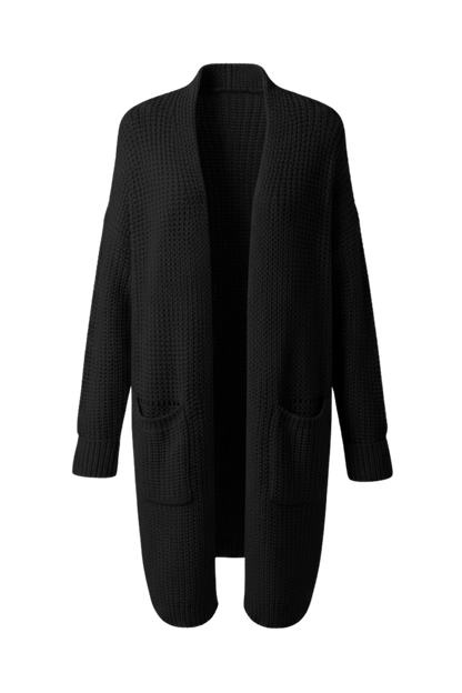 Kadın Siyah Uzun Oversize Örgü Hırka – Cepli Kalın Triko