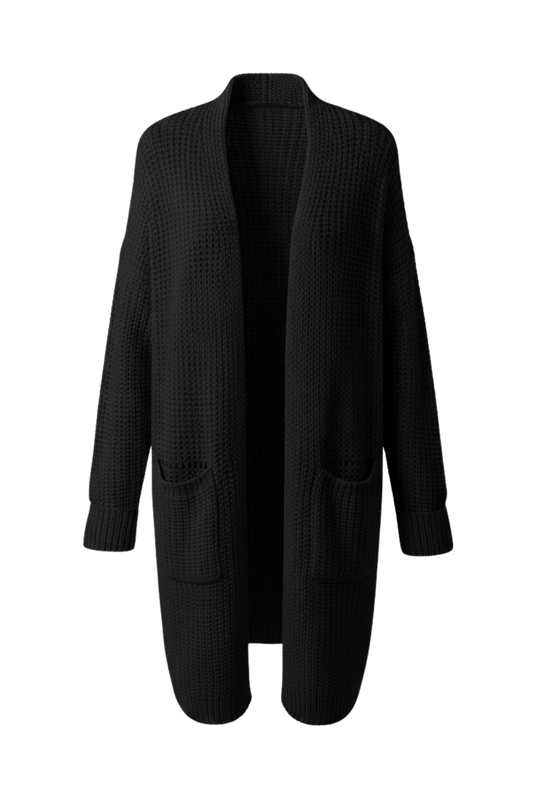 Kadın Siyah Uzun Oversize Örgü Hırka – Cepli Kalın Triko