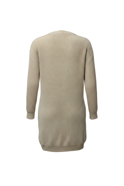 Kadın Krem Uzun Oversize Örgü Hırka – Cepli Kalın Triko