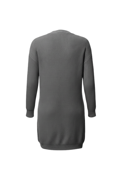 Kadın Gri Uzun Oversize Örgü Hırka – Cepli Kalın Triko