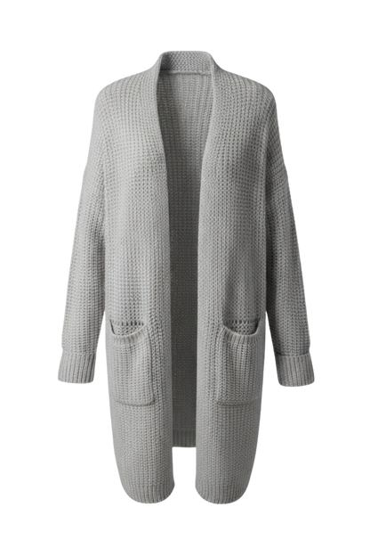 Kadın Gri Uzun Oversize Örgü Hırka – Cepli Kalın Triko