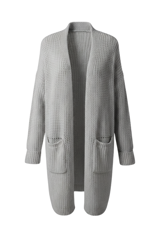Kadın Gri Uzun Oversize Örgü Hırka – Cepli Kalın Triko