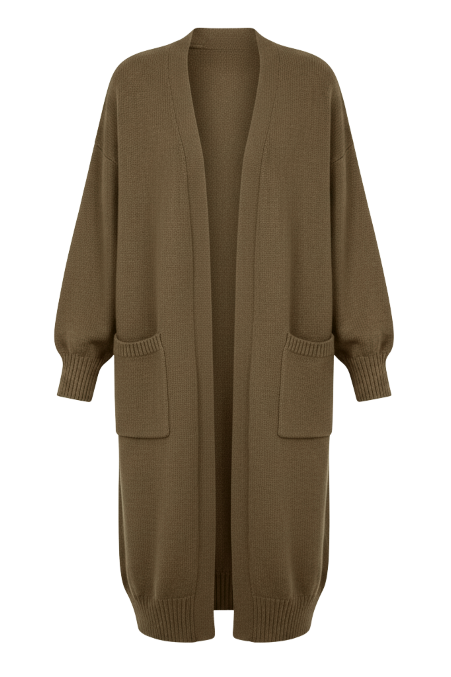 Kadın Kahverengi Uzun Oversize Örgü Hırka – Cepli Kalın Triko