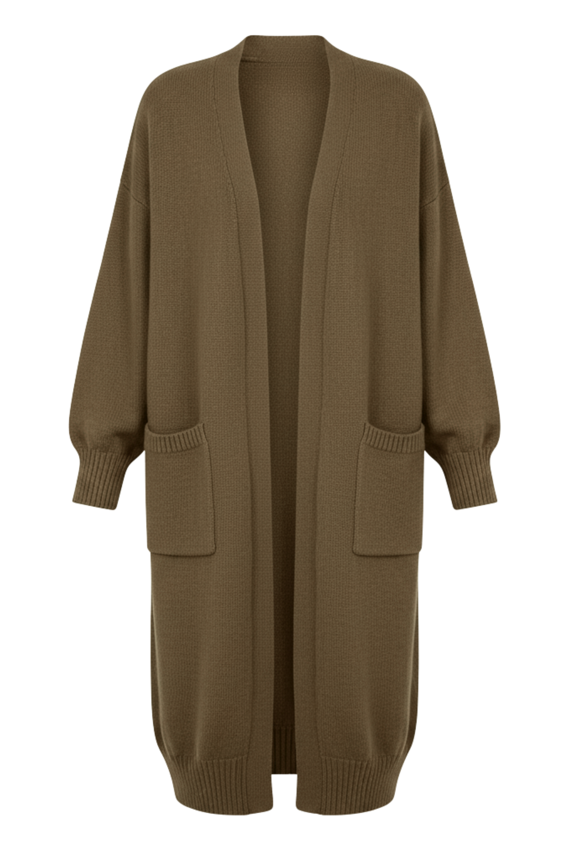 Kadın Kahverengi Uzun Oversize Örgü Hırka – Cepli Kalın Triko