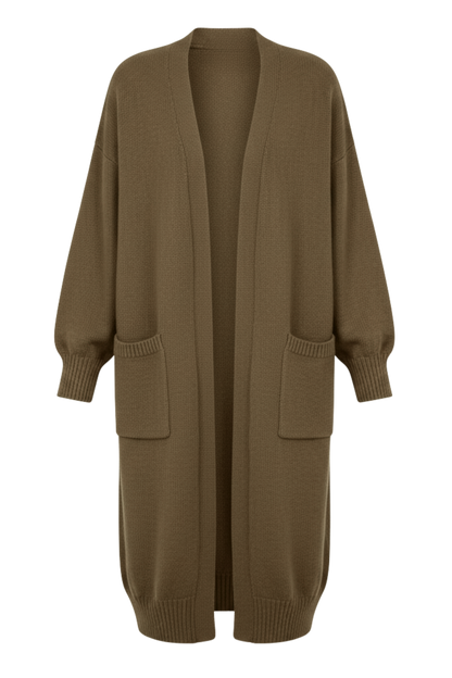 Kadın Kahverengi Uzun Oversize Örgü Hırka – Cepli Kalın Triko