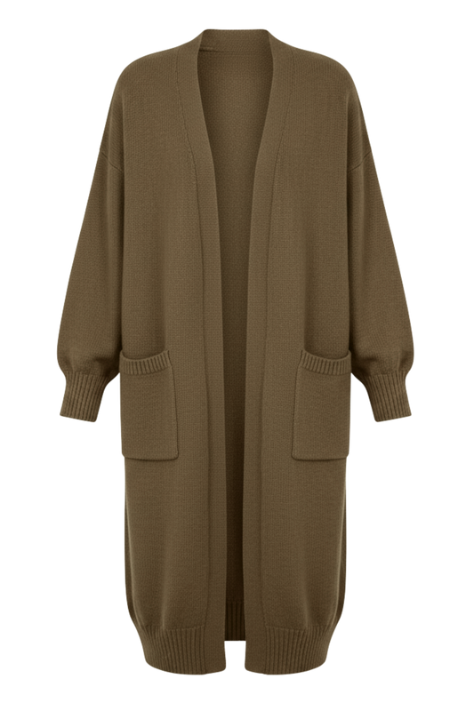 Kadın Kahverengi Uzun Oversize Örgü Hırka – Cepli Kalın Triko