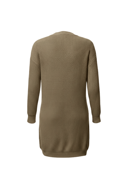 Kadın Kahverengi Uzun Oversize Örgü Hırka – Cepli Kalın Triko