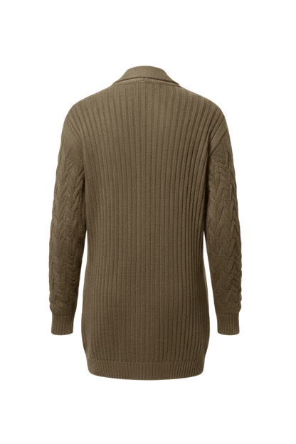 Kadın Bej Uzun Oversize Örgü Hırka – Chevron Desenli Triko