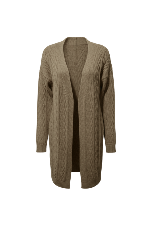 Kadın Bej Uzun Oversize Örgü Hırka – Chevron Desenli Triko