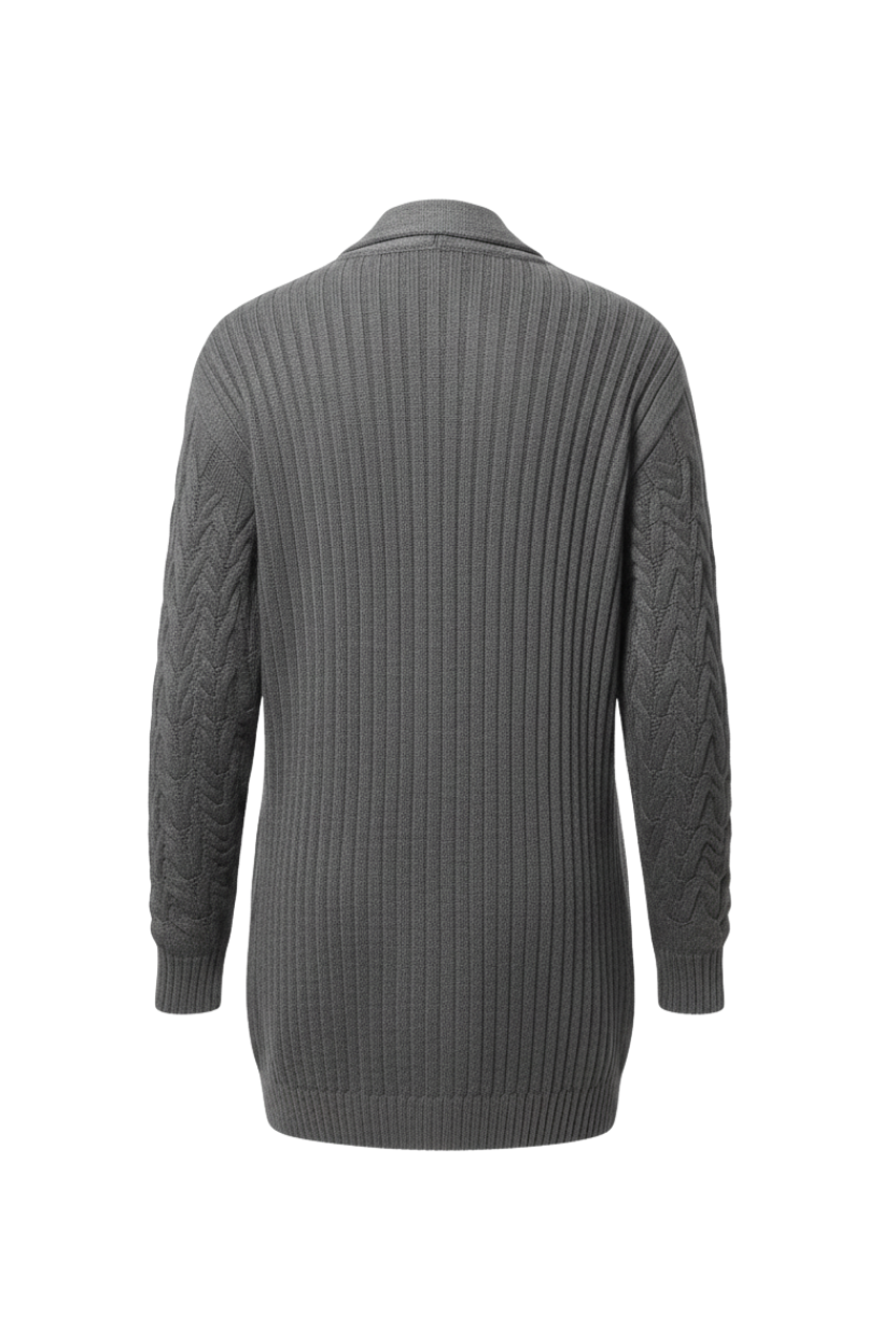 Kadın Gri Uzun Oversize Örgü Hırka – Chevron Desenli Triko