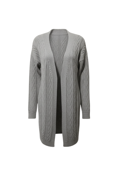 Kadın Gri Uzun Oversize Örgü Hırka – Chevron Desenli Triko