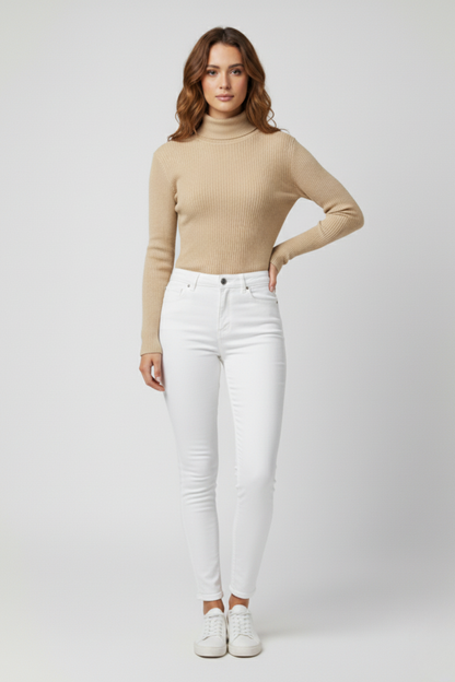 Kadın Bej Boğazlı İnce Triko Kazak