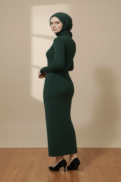 Balıkçı Yaka Yeşil Uzun Tesettür Elbise