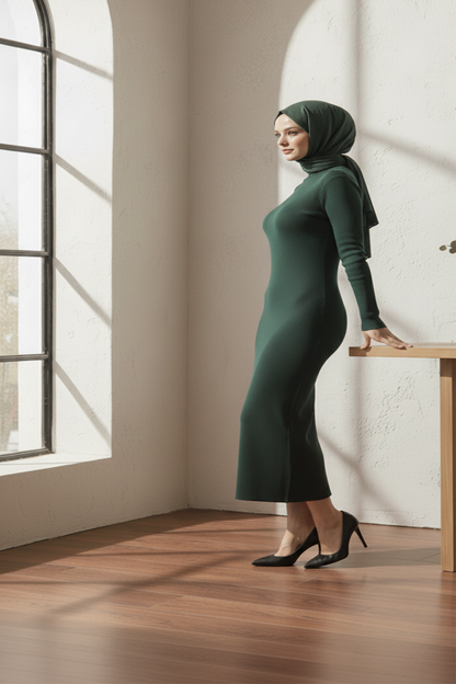 Balıkçı Yaka Yeşil Uzun Tesettür Elbise