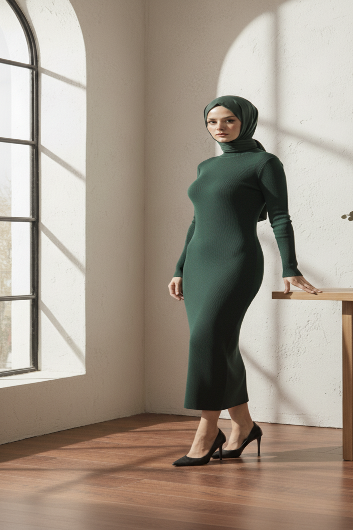 Balıkçı Yaka Yeşil Uzun Tesettür Elbise