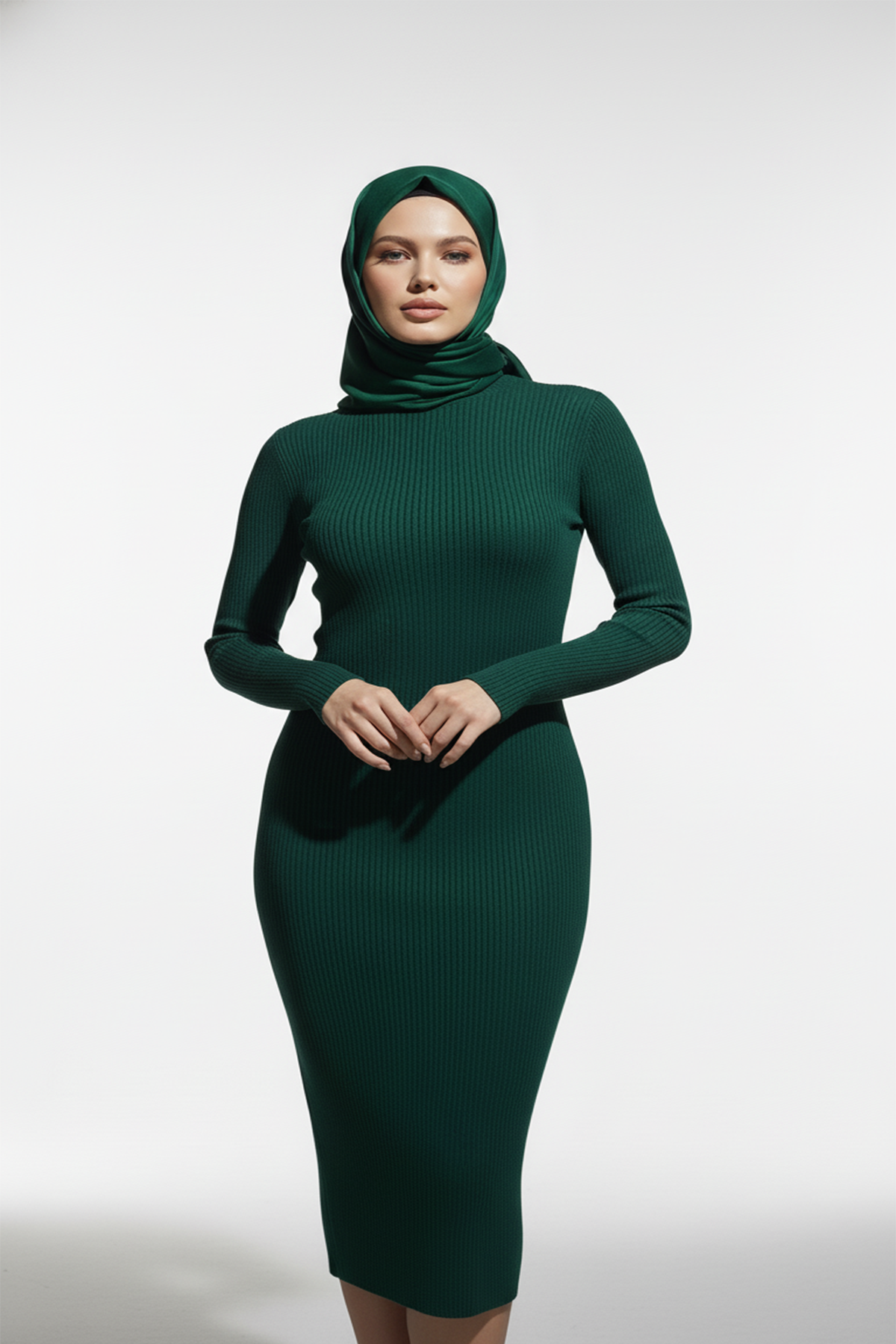 Balıkçı Yaka Yeşil Uzun Tesettür Elbise