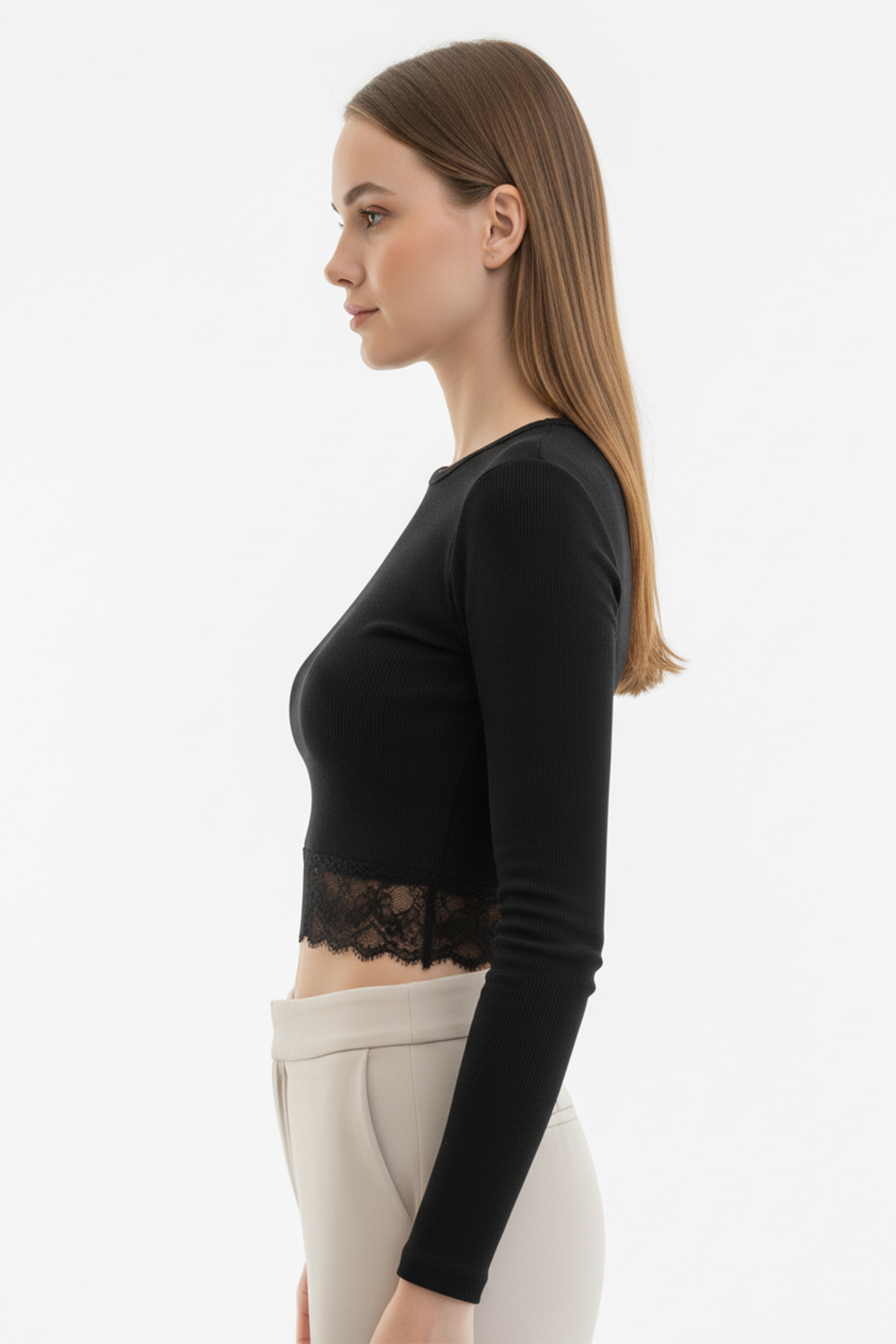 Kaşkorse Dantelli Crop Bluz - Siyah