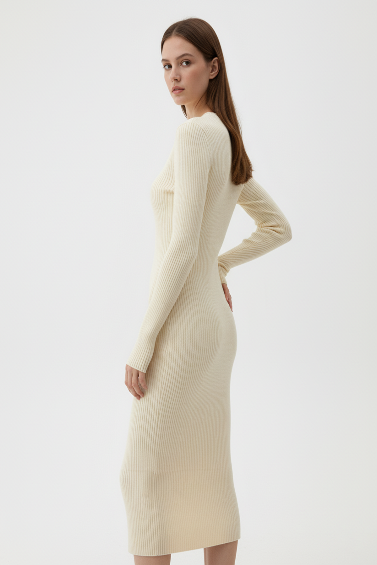 Kadın Bisiklet Yaka Uzun Elbise - Bej