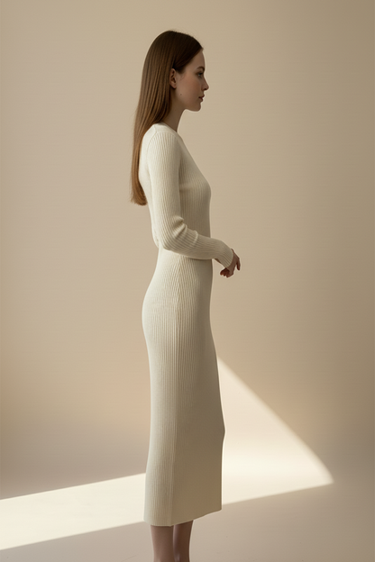 Kadın Bisiklet Yaka Uzun Elbise - Bej