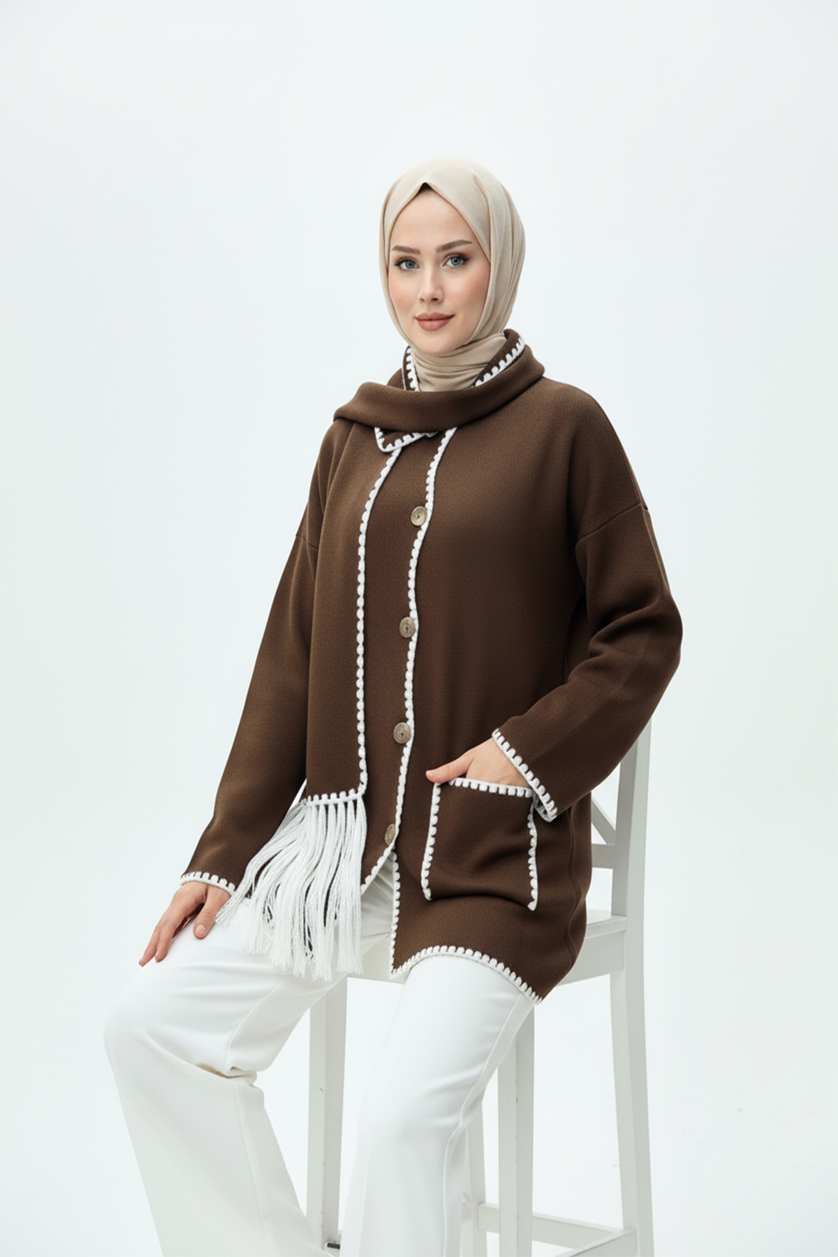 Kadın Nakış Detaylı Atkılı Yumuşak Ceket - Kahverengi