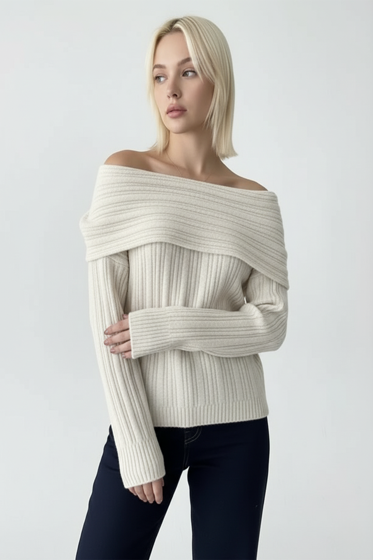 Fitilli Krem Rengi Madonna Yaka Kazak