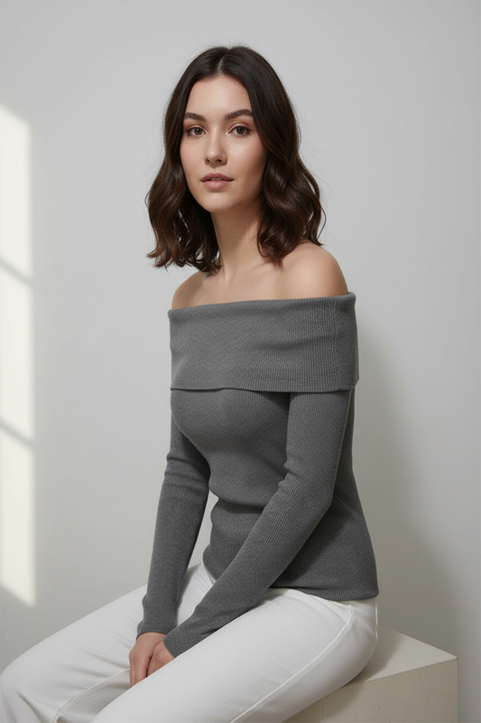 Kadın Madonna Yaka Şardonlu Gri Bluz