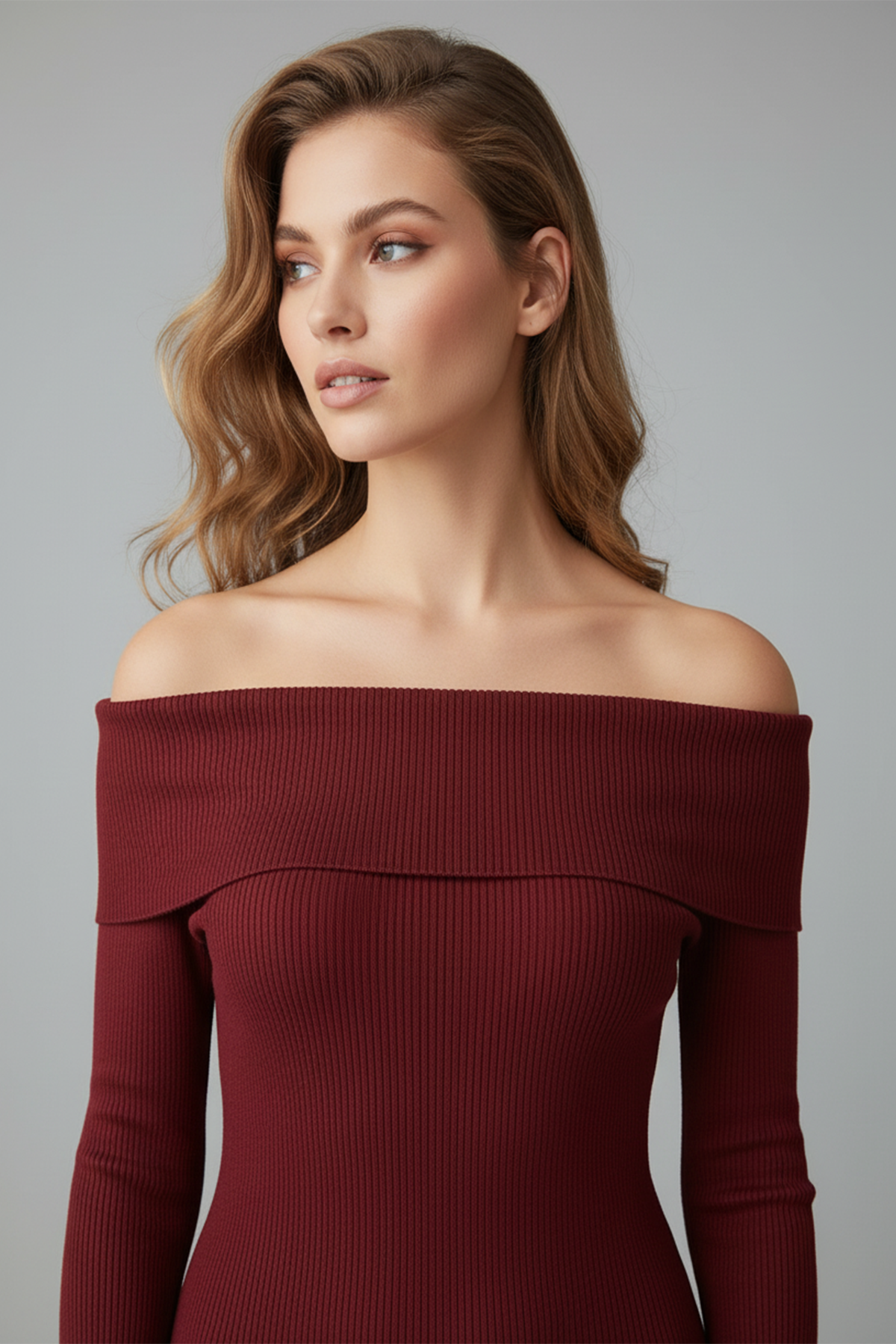 Kadın Kırmızı Madonna Yaka Uzun Elbise