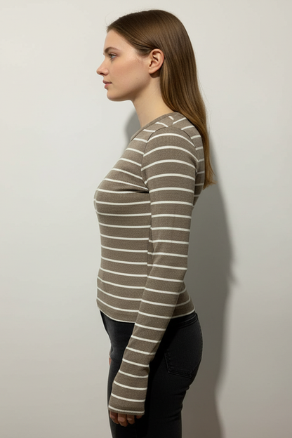 Kadın Çizgili Parmak Geçmeli Bluz - Kahverengi