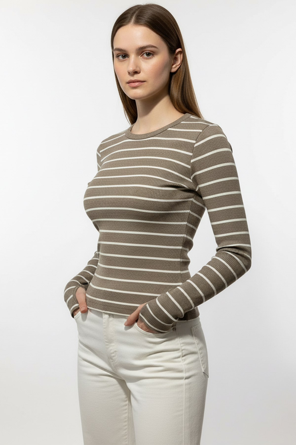 Kadın Çizgili Parmak Geçmeli Bluz - Kahverengi