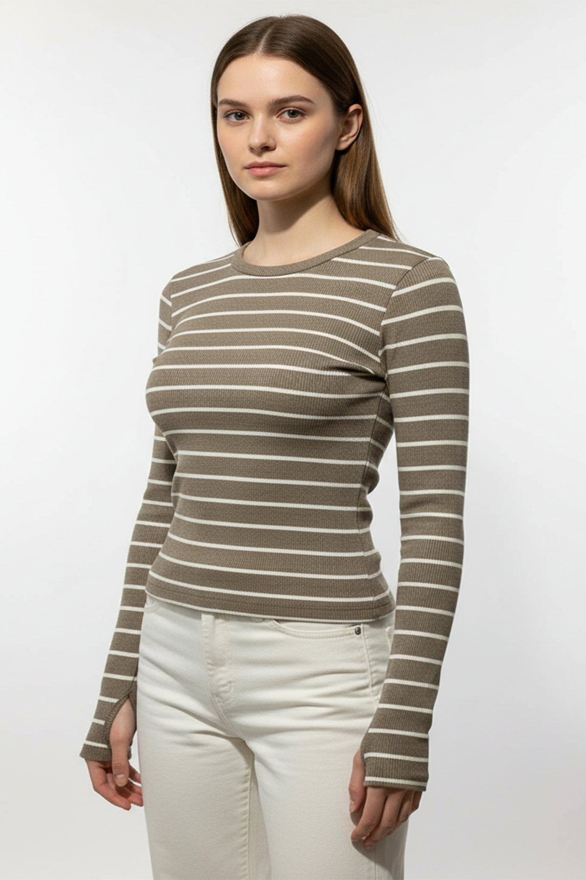 Kadın Çizgili Parmak Geçmeli Bluz - Kahverengi