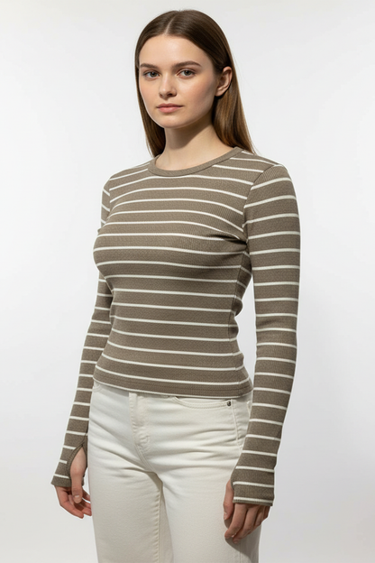 Kadın Çizgili Parmak Geçmeli Bluz - Kahverengi