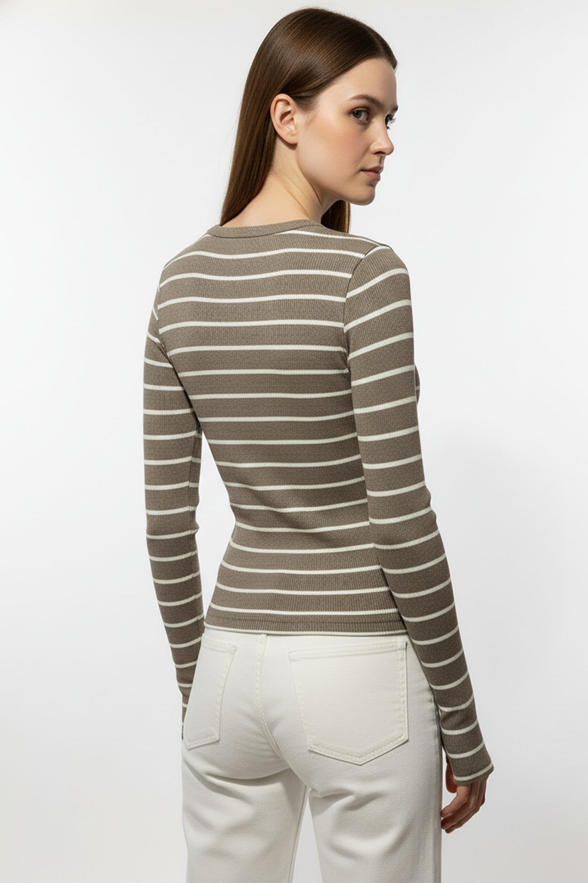 Kadın Çizgili Parmak Geçmeli Bluz - Kahverengi