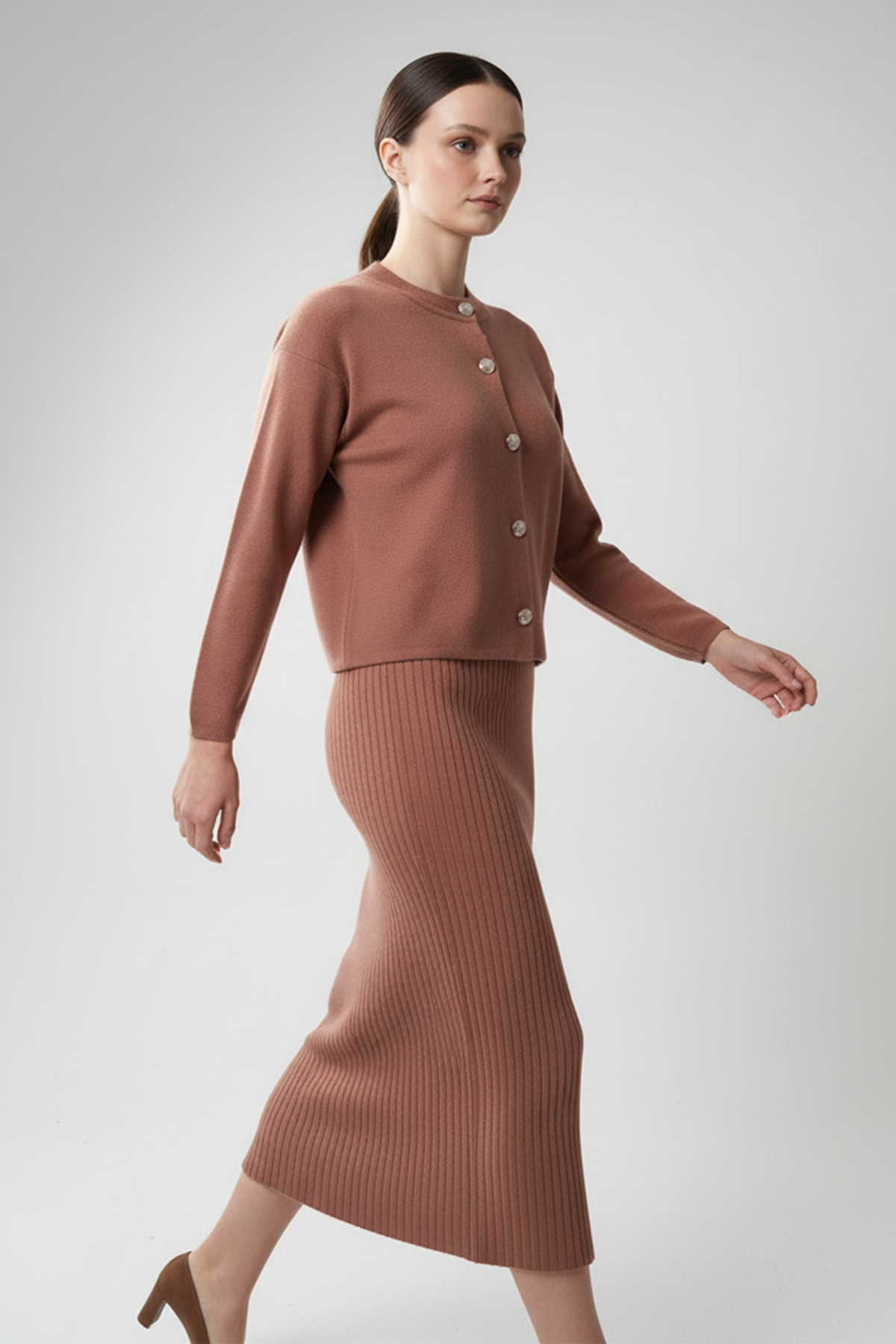 Kadın Hırka Elbise İkili Takım - Kiremit