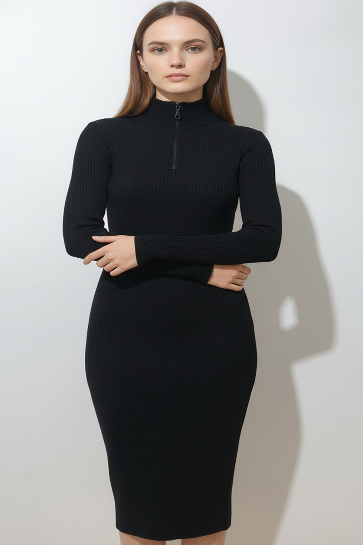 Kadın Fermuarlı Siyah Uzun Elbise