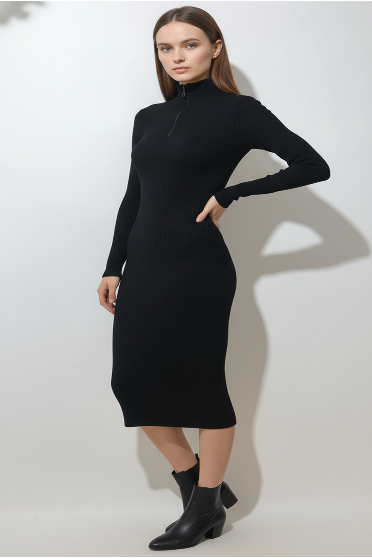 Kadın Fermuarlı Siyah Uzun Elbise