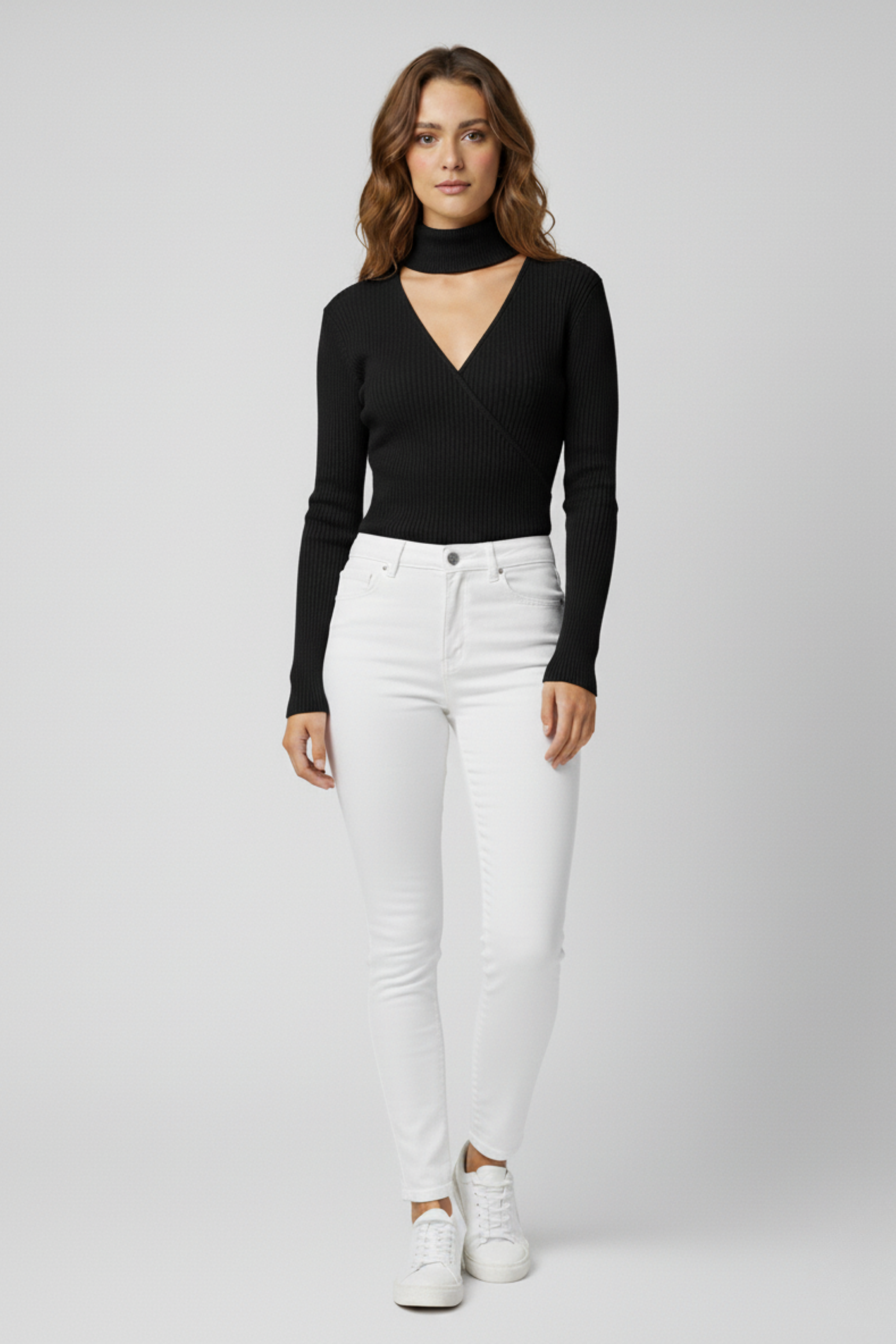 Kadın Boğazlı Pencere Detaylı Siyah Triko Kazak