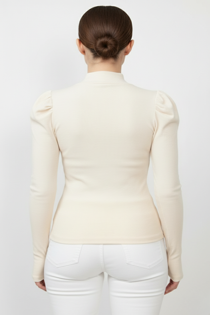 Balıkçı Yaka Parmak Geçmeli Kaşkorse Prenses Kol Bluz - Bej