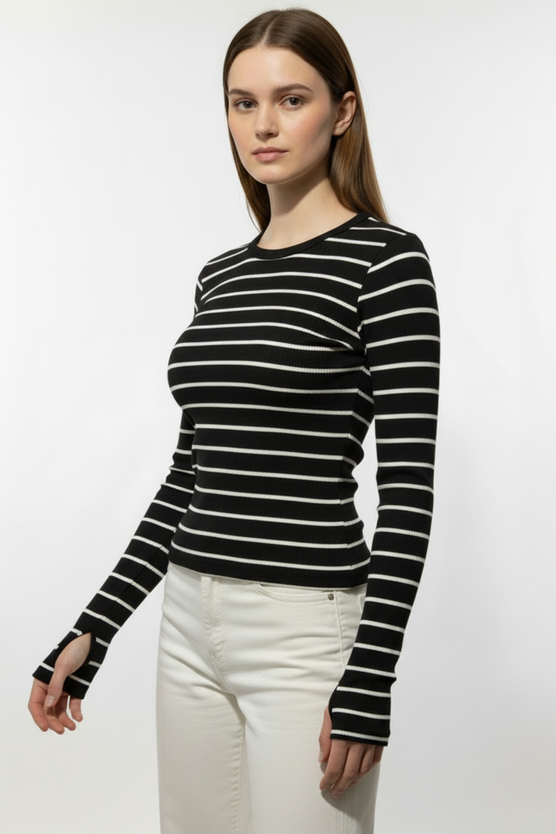 Kadın Siyah Çizgili Parmak Geçmeli Bluz