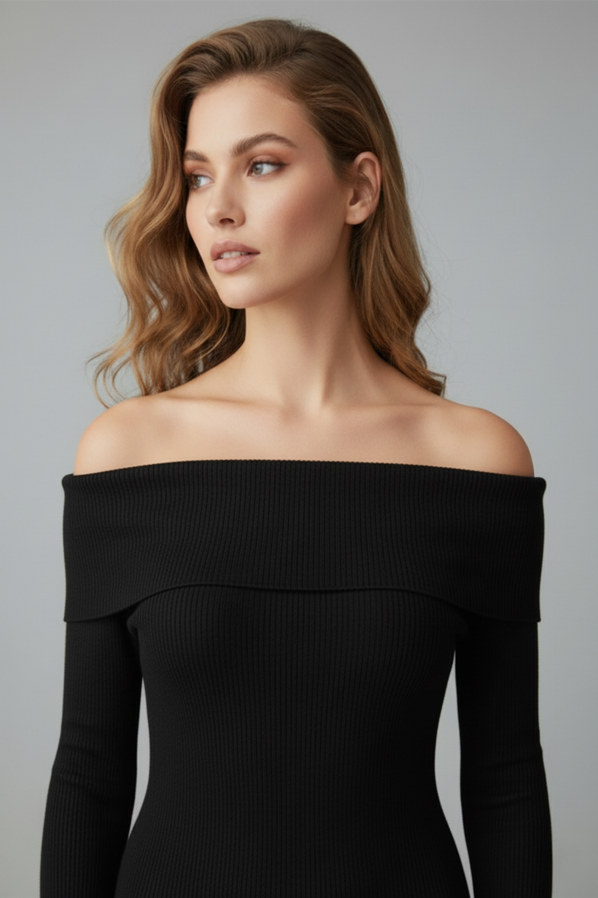 Kadın Siyah Madonna Yaka Uzun Elbise