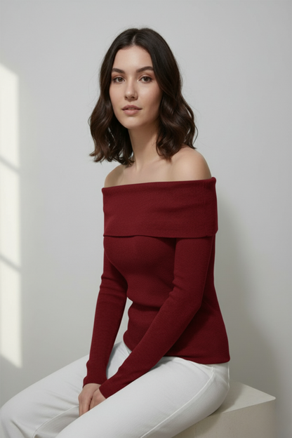 Kadın Madonna Yaka Şardonlu Kırmızı  Bluz