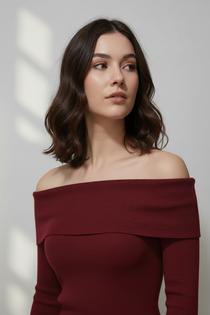 Kadın Madonna Yaka Şardonlu Kırmızı  Bluz