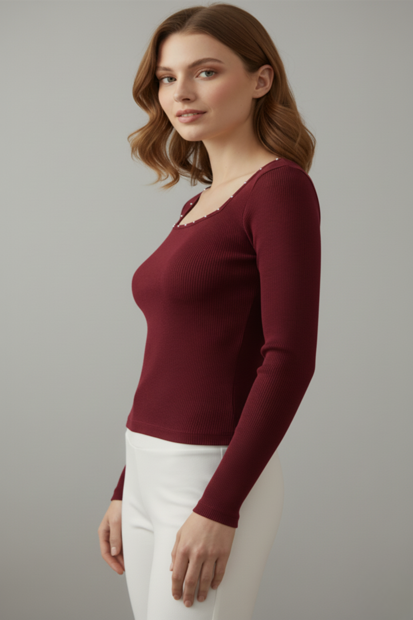 Kare Yaka İnci Çakmalı Fitilli Kaşkorse Bluz - Bordo