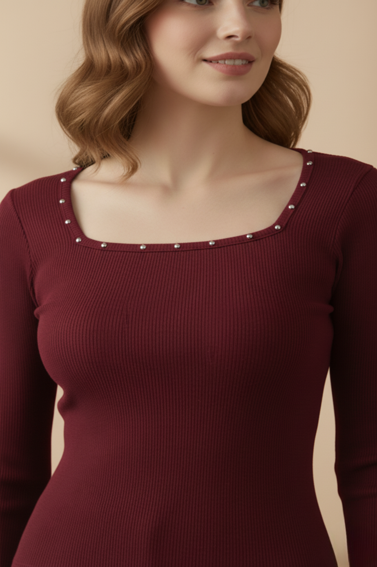 Kare Yaka İnci Çakmalı Fitilli Kaşkorse Bluz - Bordo