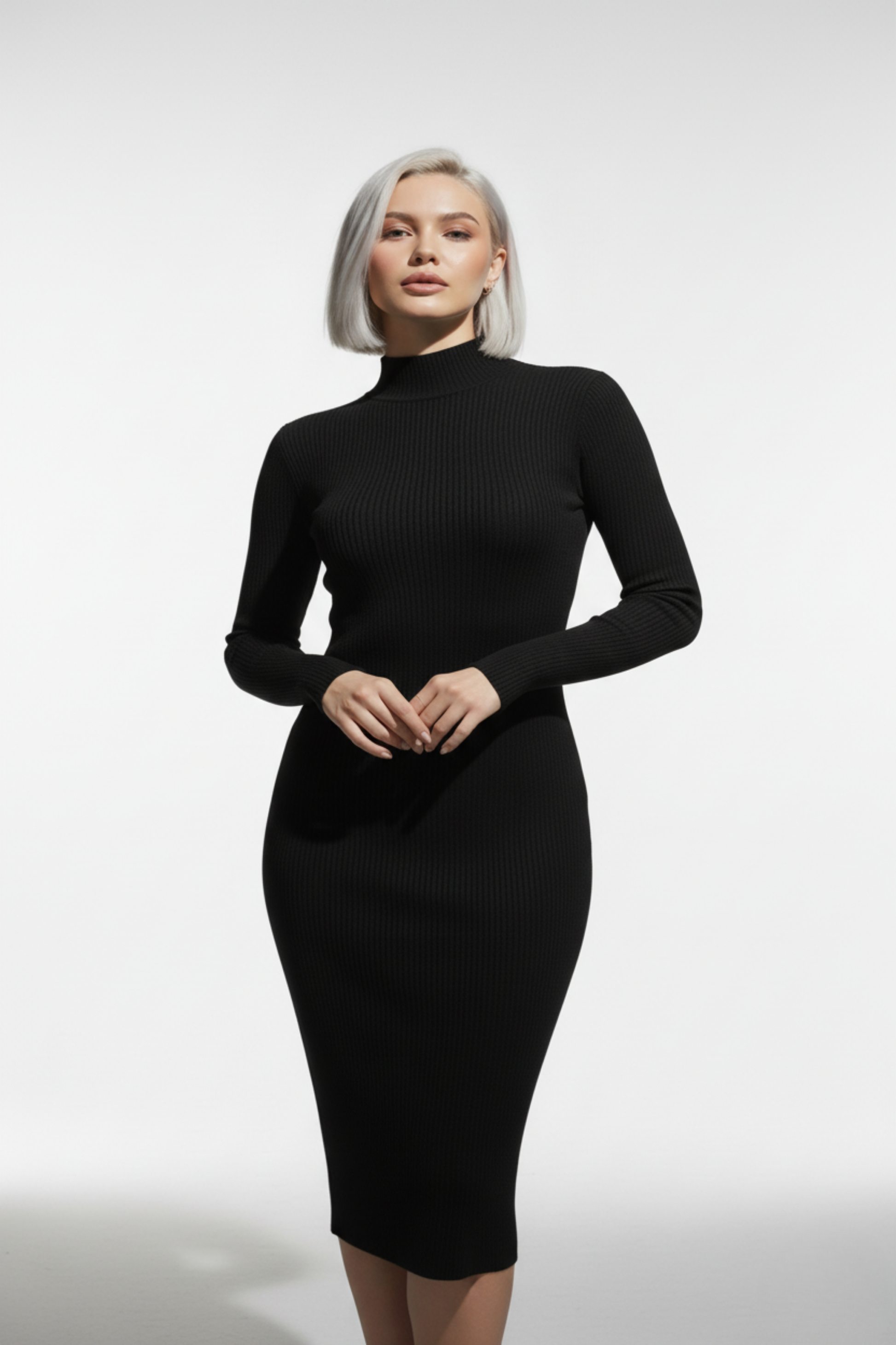 Kadın Balıkçı Yaka Siyah Uzun Elbise