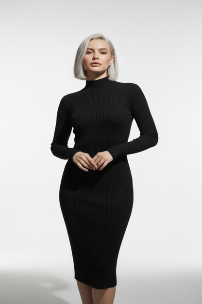 Kadın Balıkçı Yaka Siyah Uzun Elbise