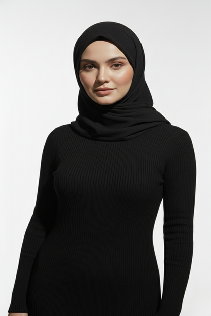 Balıkçı Yaka Siyah Uzun Elbise Tesettür