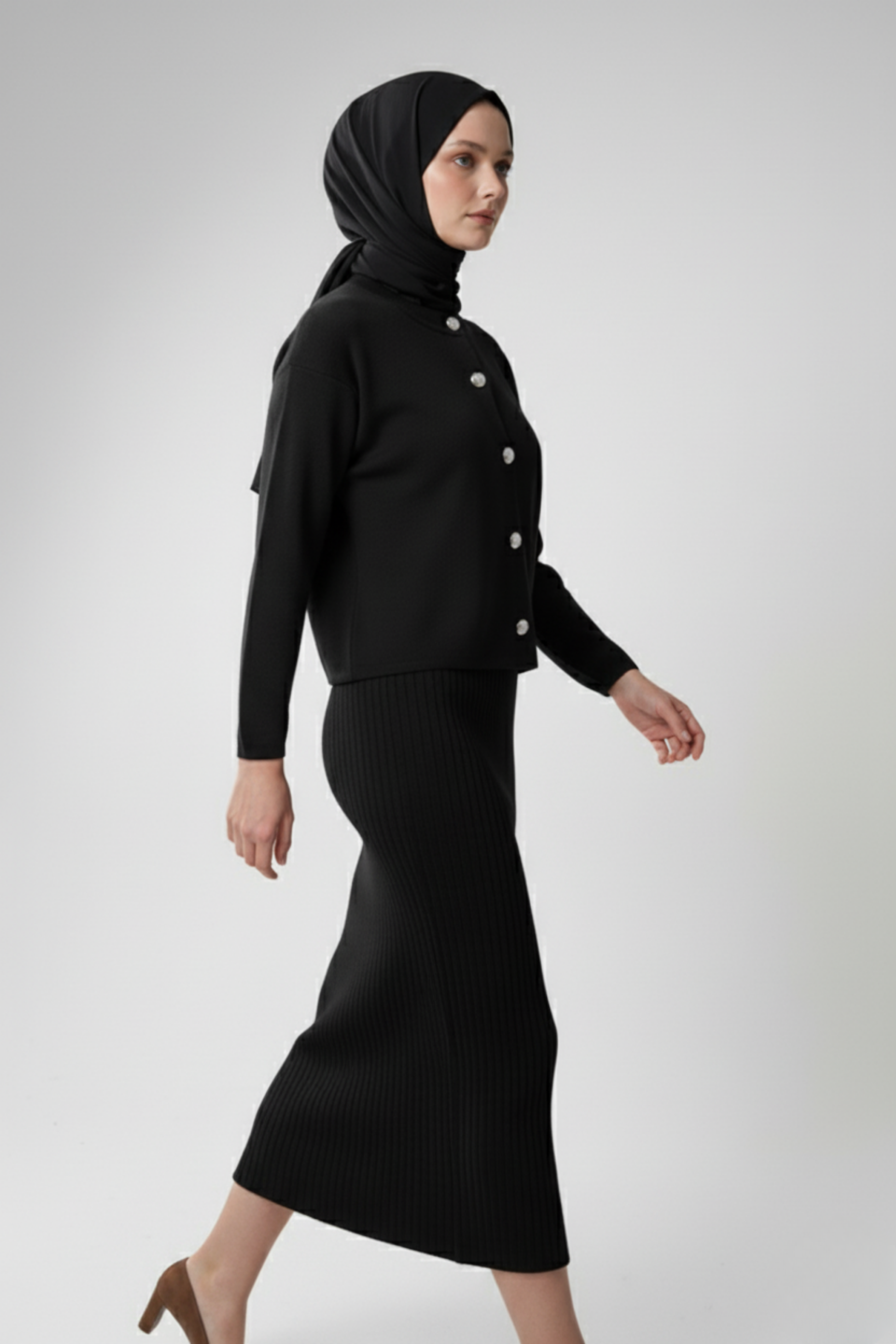 Kadın Siyah Hırka Elbise İkili Takım