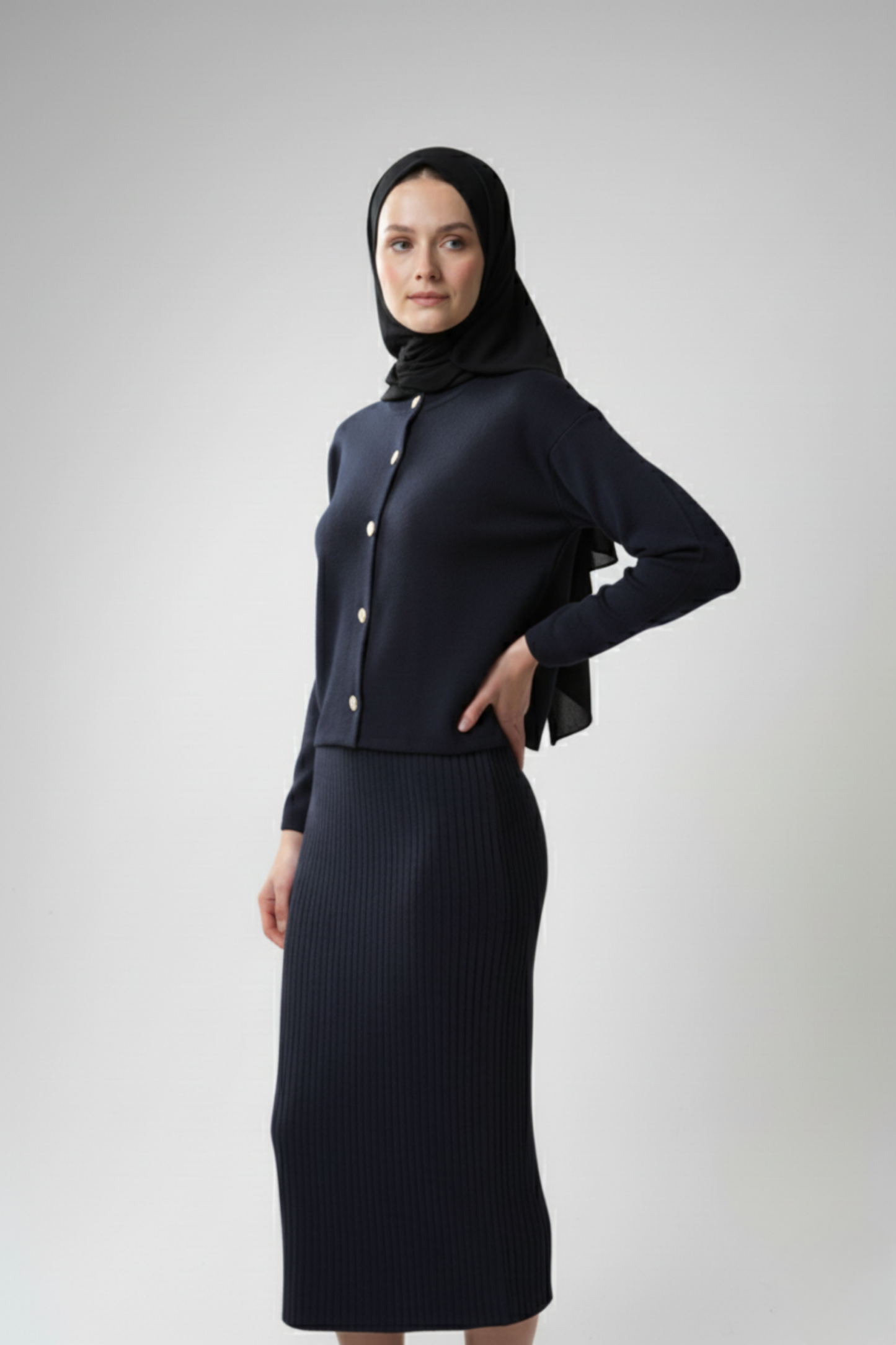 Kadın Lacivert Hırka Elbise İkili Takım