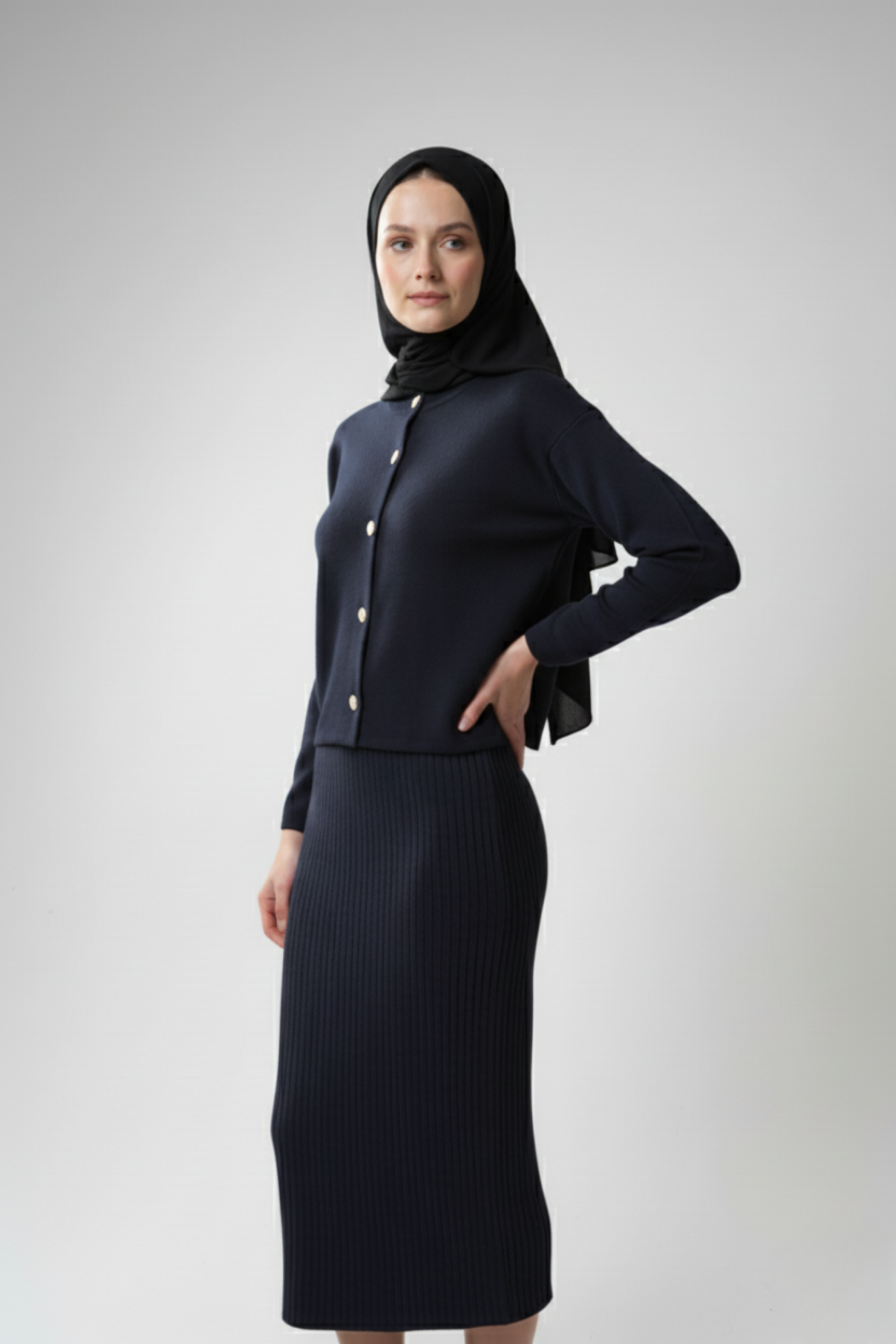 Kadın Lacivert Hırka Elbise İkili Takım