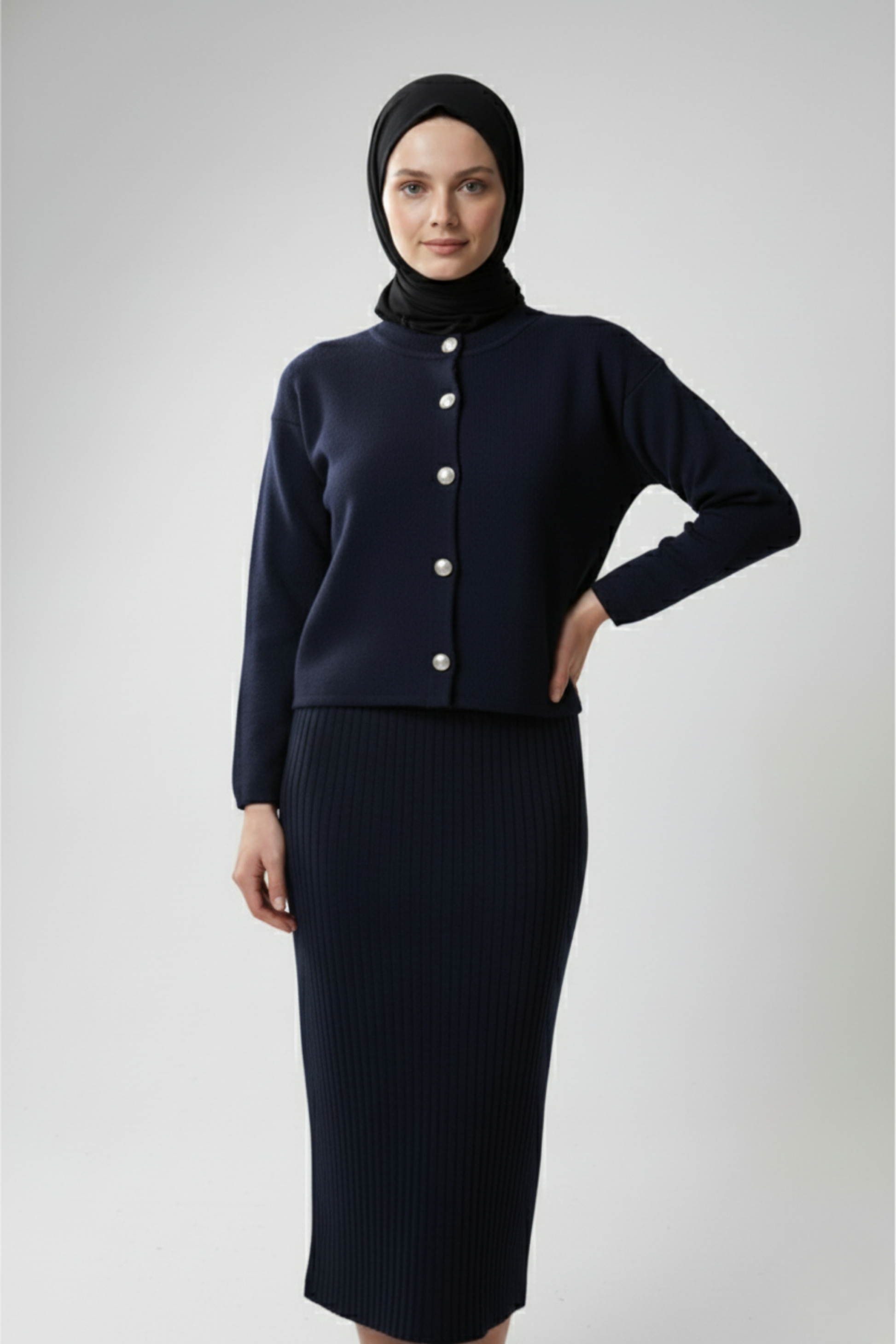 Kadın Lacivert Hırka Elbise İkili Takım